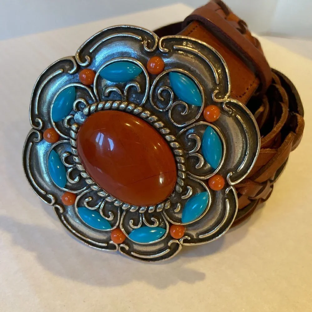 Olga Santini genuine brown leather western belt with large jeweled buckle, M